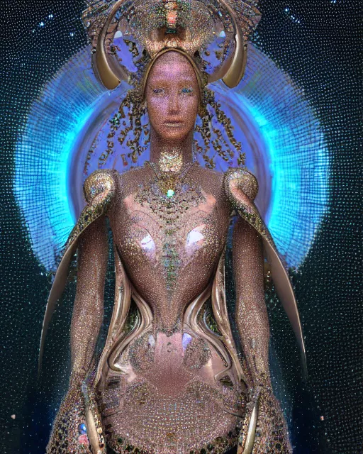 Prompt: a highly detailed metahuman 4 k close up render of an alien goddess bella hadid monument crying in iris van herpen dress schiaparelli in diamonds crystals swarovski and jewelry iridescent in style of alphonse mucha gustav klimt trending on artstation made in unreal engine 4