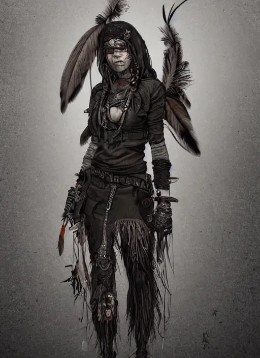 Image similar to digital art of a young woman in dark shamanistic ritual clothing accented by black feathers, post apocalyptic, dystopian, high resolution, highly detailed, fallout, raider, 4 k, artstation, dark lighting