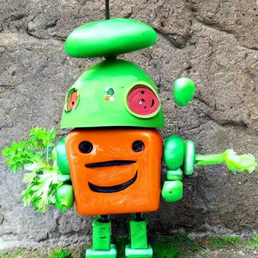 Image similar to little happy robot made of vegetables with big avocado hat and a carrot sword, made in abyss style