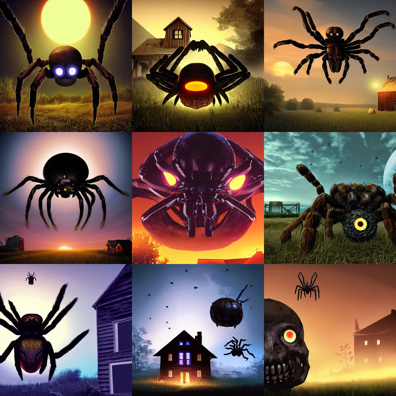 Prompt: giant spider skull with glowing eyes, hovering over a farmhouse at dusk, PC boxart