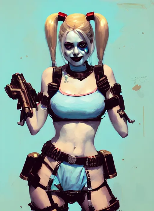 Prompt: portrait of cute harley quinn in cyber bikini armor, warhammer, cyberpunk, by atey ghailan, by greg rutkowski, by greg tocchini, by james gilleard, by joe fenton, by kaethe butcher, by gustav klimt, dynamic lighting, gradient light blue, brown, blonde cream and white color in scheme, grunge aesthetic