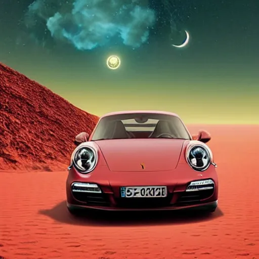 Image similar to porsche 9 1 1, australian beach, red sand, otherworldly science fiction surrealism landscapes. waves. dust. stars. by chris mars.