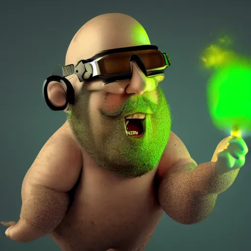 Image similar to highly detailed octane render of a short ugly fat man with a giant beard and wearing armour, goggles and a safety hat whilst laughing at a green mushroom cloud surrounded by dead insects in a cave