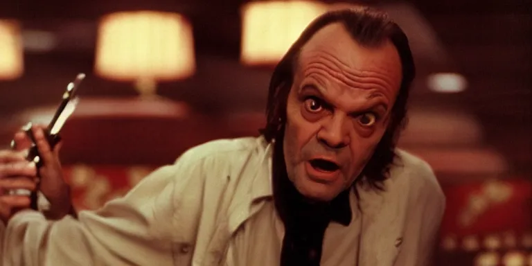 Prompt: photorealistic wide profile master shot cinematography of the character jack torrance played by jack nicholson from stanley kubrick's 1 9 8 0 film the shining sitting at the overlook hotel's gold ballroom bar starring right at the camera shot on 3 5 mm eastman 5 2 4 7 film by the shining cinematographer john alcott on a 1 8 mm cooke panchro lens.