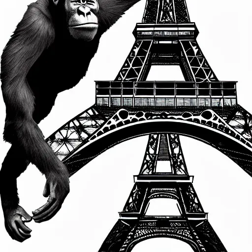 Prompt: A giant ape climbing the Eiffel tower while wearing a beret with a baguette in his hand, Detailed Digital art