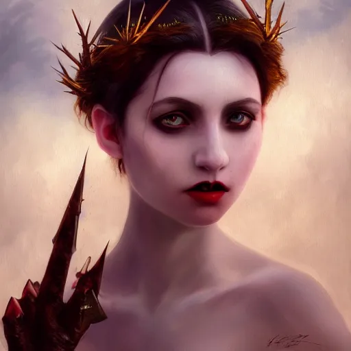 Prompt: portrait of vampire princess, thorns, realistic eyes, headshot, pale skin, 4k, rule of thirds, extreme detail, detailed illustration, trending artstation, hd, fantasy, realistic lighting, by Albert Bierstadt, Frederic Edwin Church.