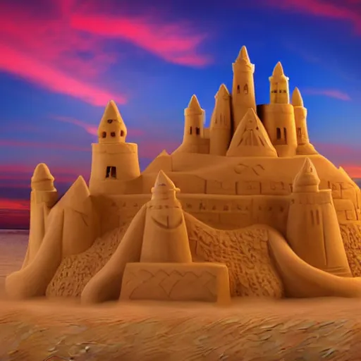 Prompt: enormous sand castle at sunset in the beach, photorealistic