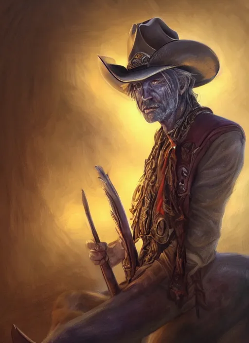 Image similar to Cowboy sorcerer drow wearing a cowboy hat, Ivan Aivakovsky, Boris Vallejo, epic fantasy character art, D&D Concept Art, full length, Realistic, Regal, Refined, Detailed Digital Art, Oil Paining, Exquisite detail, post-processing, masterpiece, Cinematic Lighting, Unreal Engine, 8k, HD, Stanley Artgerm Lau, WLOP, Rossdraws, Frank Frazetta, Andrei Riabovitchev, Marc Simonetti, trending on artstation