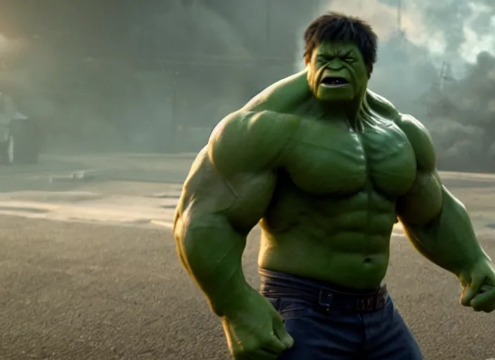 Image similar to film still of Hulk going bowling in Avengers Endgame, 4k