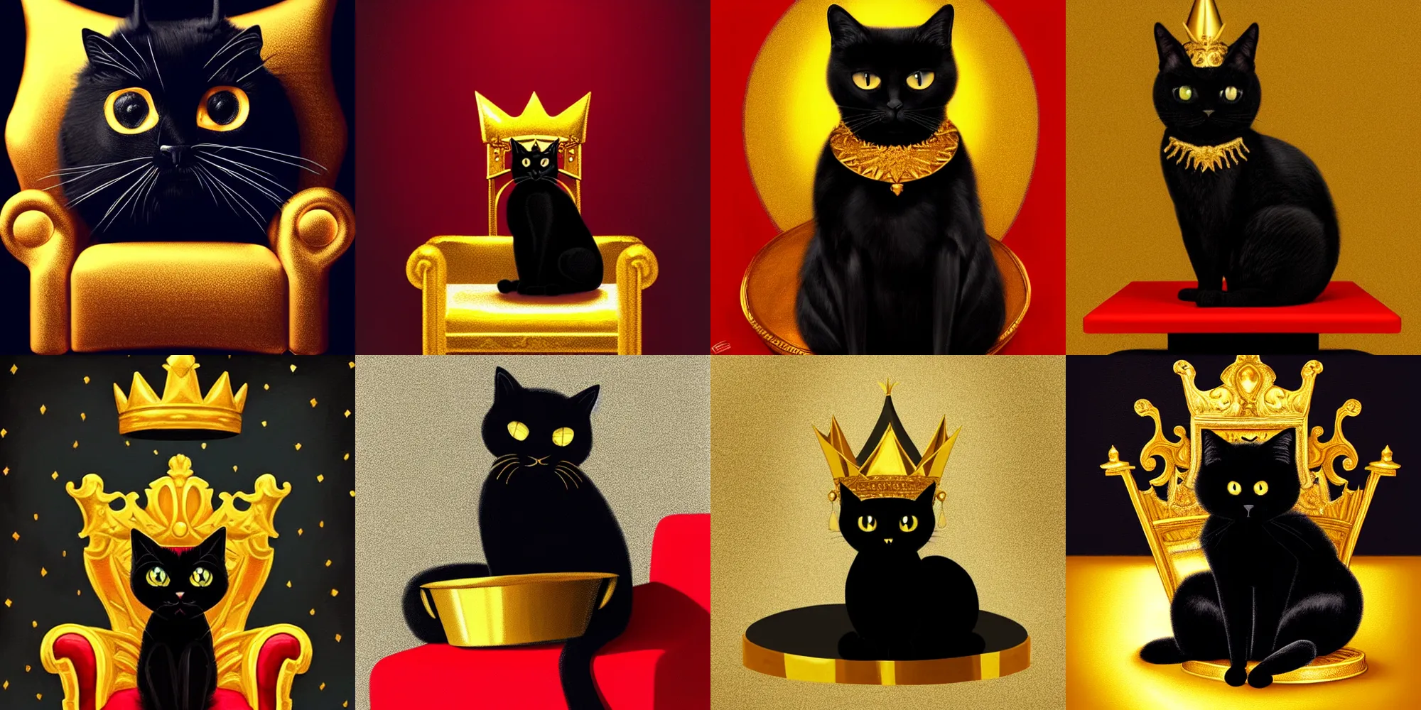 Prompt: black cat wearing a golden shining crown, sitting on a red pillow, dark background, golden reflective floors, raised platform, digital painting, artstation, art by apofiss, medium long shot