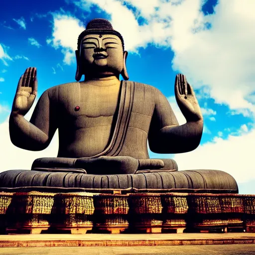 Image similar to a man doing a flip off of a giant Buddha statue, blue sky, cloudy background, photograph, realistic