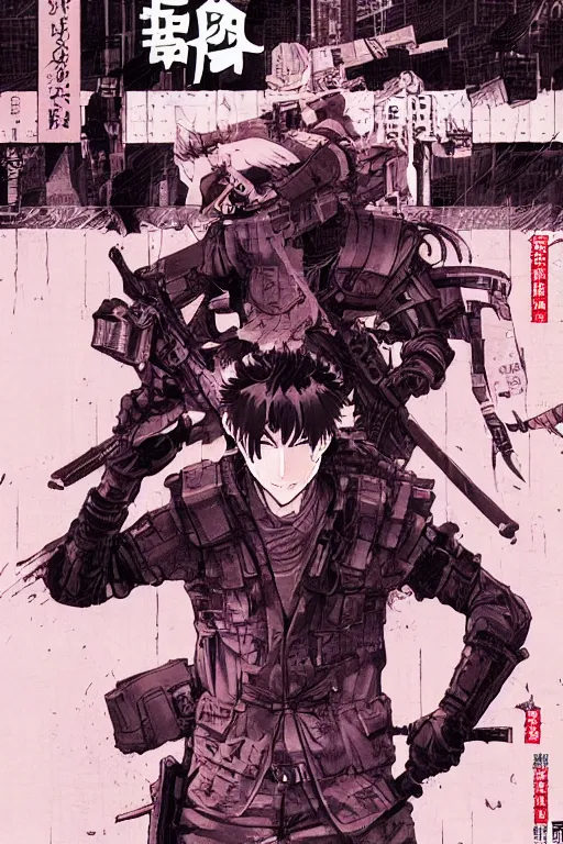 Prompt: professionally drawn seinen mature cyberpunk detective horror action manga comic cover about the police and samurai, full color, beautifully drawn coherent professional, drawn by ilya kuvshinov, ilya kuvshinov, and hiromu arakawa and tsutomu nihei. japanese script kanji hiragana on the cover. simplistic minimalist cover art. stylized stylistic.