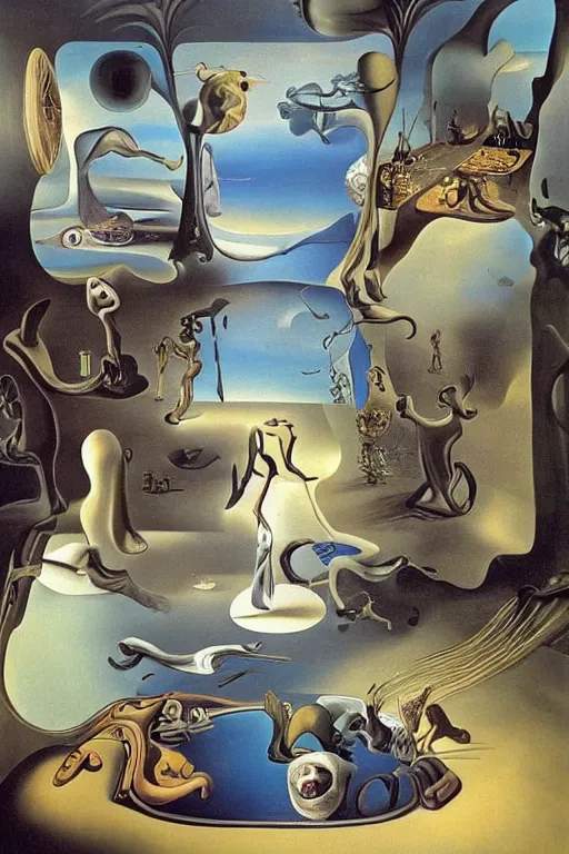 Image similar to surrealist painting by dali full of subtle hints, mystic characters and misleading perspectives, ultrastation hq, 8 l, hyperrealistic, very highly detailed