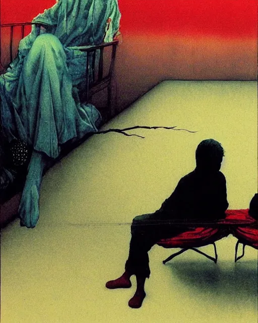 Image similar to early color photo of an old dead couple sitting on a couch in an old soviet apartment and looking at the scared enlightened boy flying up in sky, Beksinski impasto painting, part by Adrian Ghenie and Gerhard Richter. art by Takato Yamamoto, masterpiece