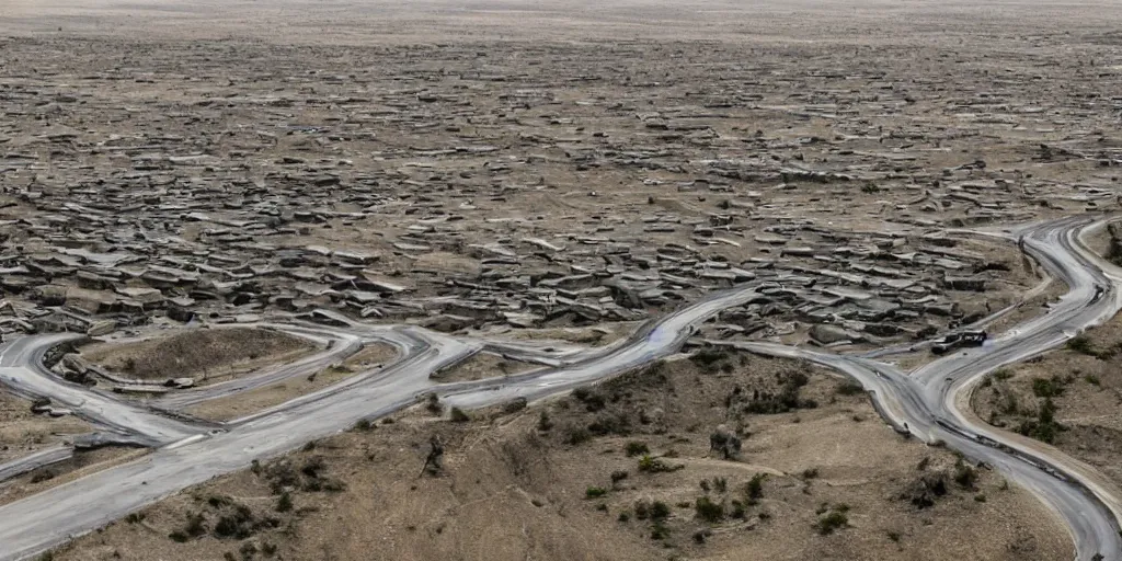 Prompt: a massive city on wheels moving through a desolate landscape