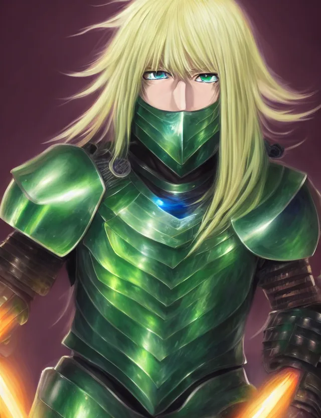 Image similar to an anime portrait of a long haired blonde man with blue eyes in green plate armour glowing with green energy, trending on artstation, digital art, 4 k resolution, detailed, high quality, sharp focus, hq artwork, coherent, insane detail