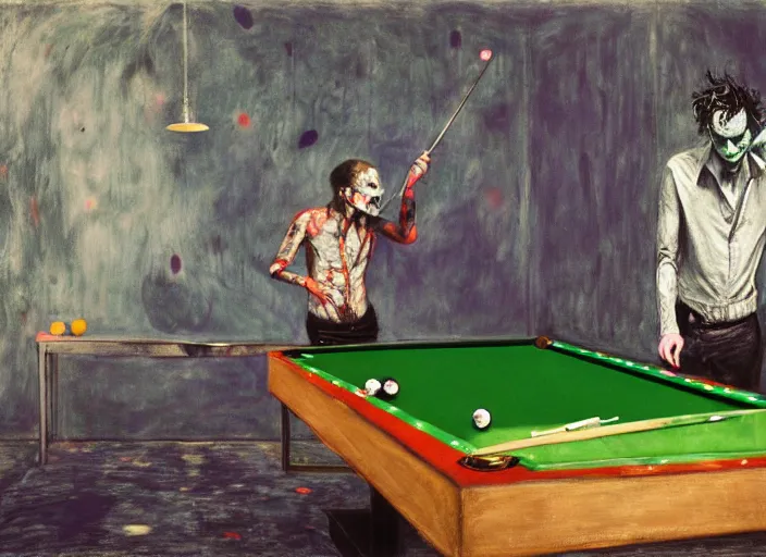 Prompt: the joker playing pool, vincent lefevre and hernan bas and pat steir and peter doig and hilma af klint, psychological, photorealistic, dripping paint, washy brush, rendered in octane, altermodern, masterpiece