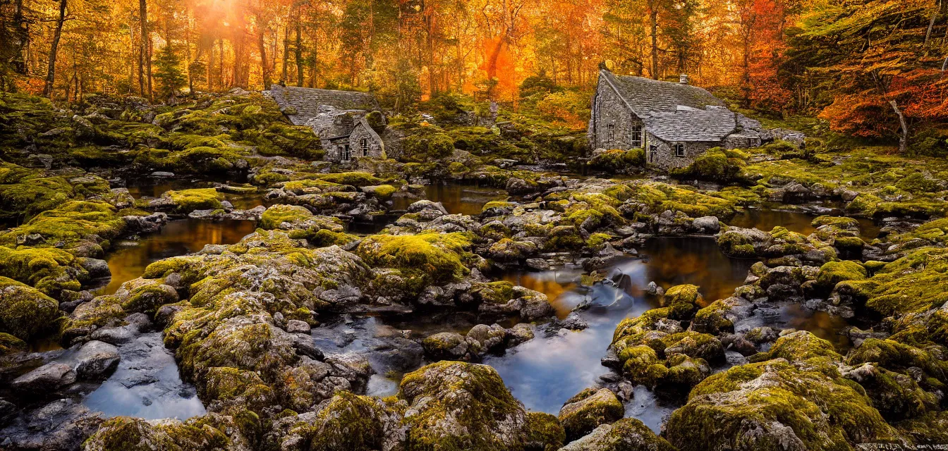 Image similar to stone cottages underneath at glen affric forest, pristine ponds. bodyscapes. fine painting intricate brush strokes, bright depth oil colors. 2 8 mm perspective multisourced photography by araken alcantara. intense promiseful happiness, autumn sunrise warm hdri forest light