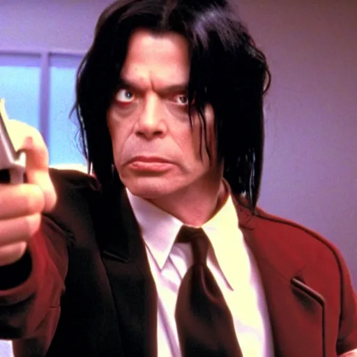 Image similar to still of tommy wiseau as vincent vega holding a gun in pulp fiction ( 1 9 9 4 ), 4 k, cinematic, film footage, screencap, by quentin tarantino