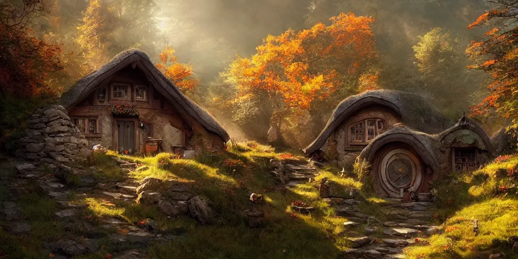 Image similar to a hobbit cottage on top of a steep hill, greg rutkowski, zabrocki, moebius, karlkka, jayison devadas, highly detailed, autumn sunlights, smoky atmosphere, ( ray of sunlight ), trending on artstation, 8 k, ultra wide angle, zenith view, pincushion lens effect