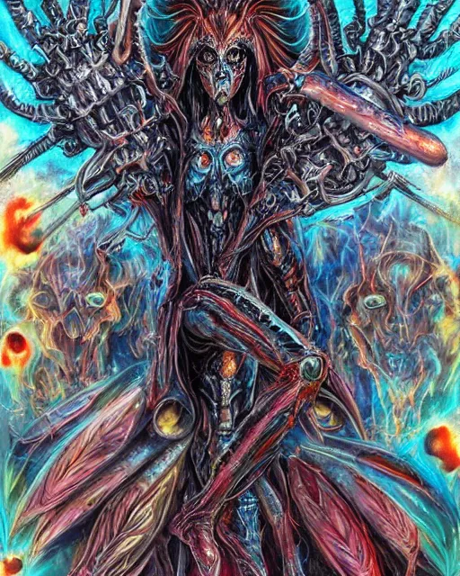 Image similar to silver mechanical charred bloody fleshmetal cyborg daemonhost woman psychedelic flamer of tzeentch with weaponized extra arms, blue and green rainbow fire, by antonio j. manzanedo, alex grey, android jones, wayne barlowe, philippe druillet, josephine wall, harumi hironaka, cronenburg, trending on artstation