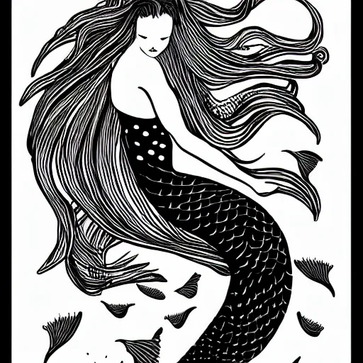 Image similar to black and white illustration, creative design, beautiful feminine mermaid in water with fishes