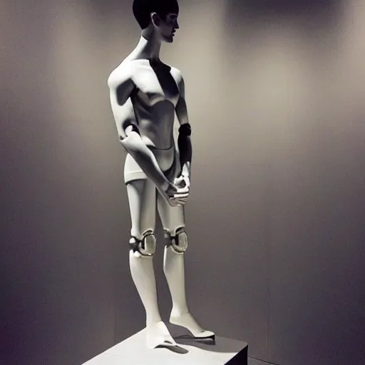 Image similar to “a realistic detailed photo of a guy who is an attractive humanoid who is half robot and half humanoid, who is a male android, actor Grant Gustin, shiny skin, posing like a statue, blank stare, at the museum, on display”