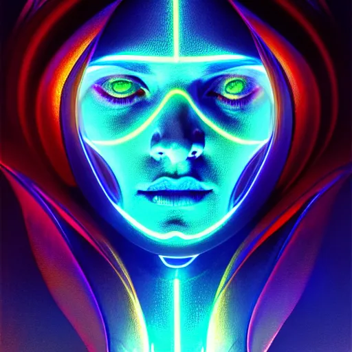 Image similar to tron angel, illuminated face, psychedelic sunset, diffuse lighting, hyper realistic, elegant, intricate, hyper detailed, smooth, sharp focus, concept art, illustration, trending on artstation, art by john collier, artem demura, greg rutkowski, james gurney, and alphonse mucha