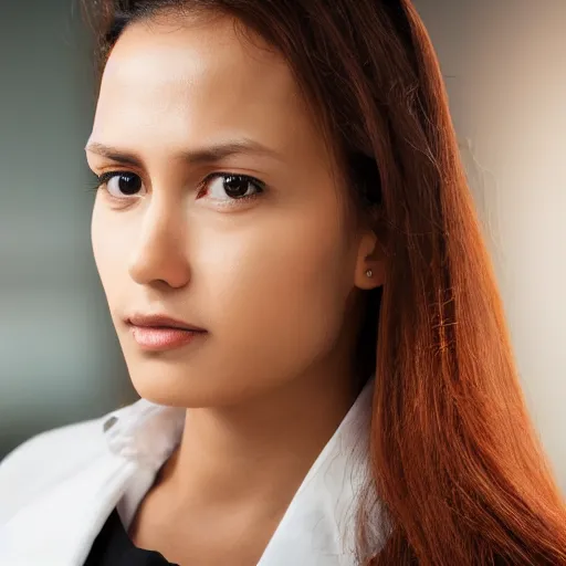 Image similar to amazonian woman, closeup, stoic, realistic, high resolution, in office building