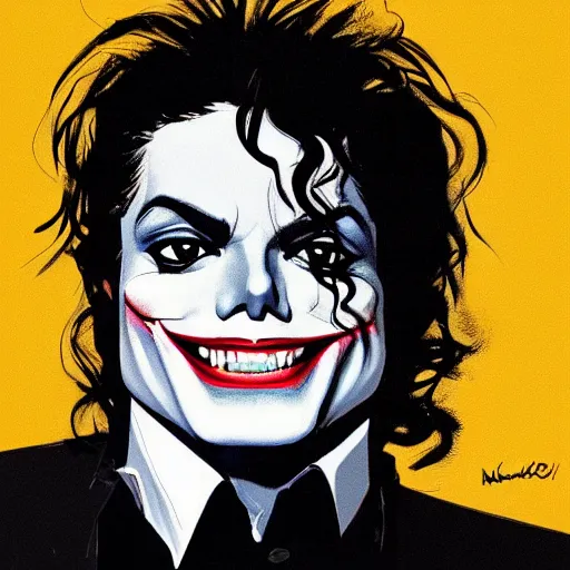 Image similar to michael jackson as the joker laugh on camera. symmetrical anatomy, hyperdetailed, coloured comic, baroque, pop art style, fantasy, without duplication, art by ilya kuvshinov and andy warhol and vinicius gud and gustavo zambelli, intricate, trending artstation, dribble popular.