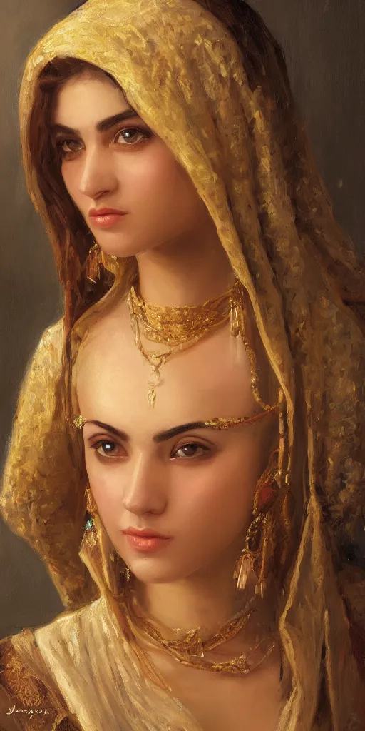 Prompt: Highly detailed and cinematic romantic period oil painting of an Arabian princess face portrait, an oil painting ((masterpiece)) by ((Josep Tapiró Baró)), RPG portrait, dynamic lighting, 8K