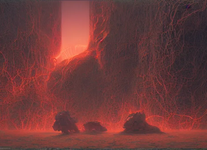 Image similar to behemoth, neon, they are watching, RGB, glowing wires everywhere, pristine, by Edgar Maxence and Ross Tran, Zdzisław Beksiński, and Michael Whelan, distant, gustav dore, H.R. Giger, 8k, octane render