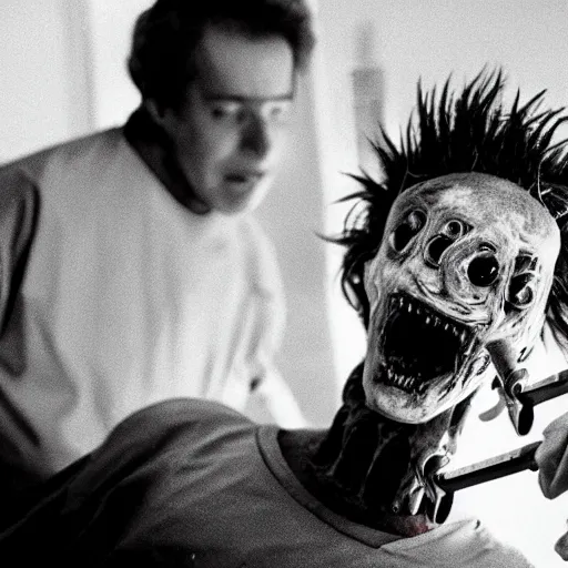 Image similar to b - grade horror film budget production a very strange creature made of cronenberg dentist drilling teeth