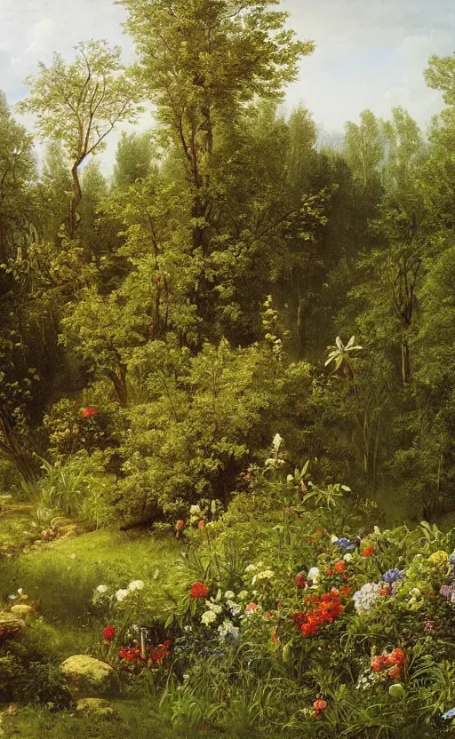 Image similar to artwork painting of a lush environment, flowers by grave by eugene von guerard, ivan shishkin