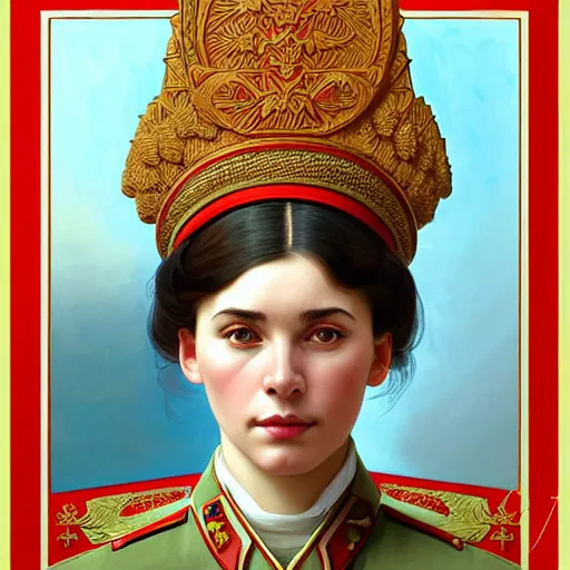 Image similar to a portrait of a female soviet officer, upper half portrait, decorated with soviet motifs, russian soviet motifs, soviet, traditional russia, intricate, elegant, highly detailed, symmetry, headpiece, digital painting, artstation concept art smooth sharp focus, illustration, art by artgerm and greg rutkowski alphonse mucha 8 k