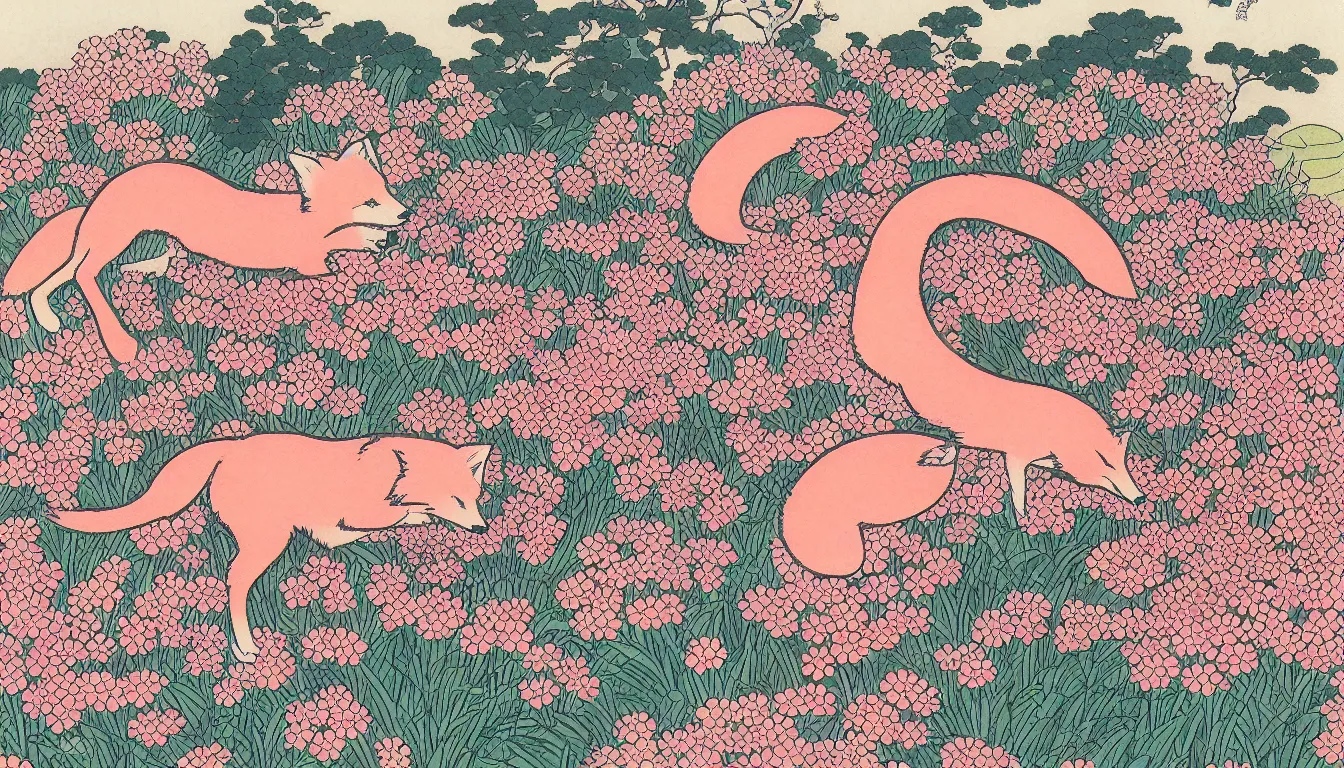 Prompt: pink fox head popping out of a field of multi colored flowers by hokusai,