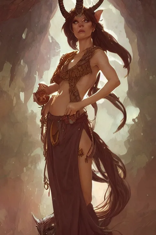 Image similar to cute Whimsical Tiefling Druid with cute horns , light-brown skin, D&D, fantasy, portrait, highly detailed, digital painting, artstation, concept art, sharp focus, illustration, art by greg rutkowski and alphonse mucha