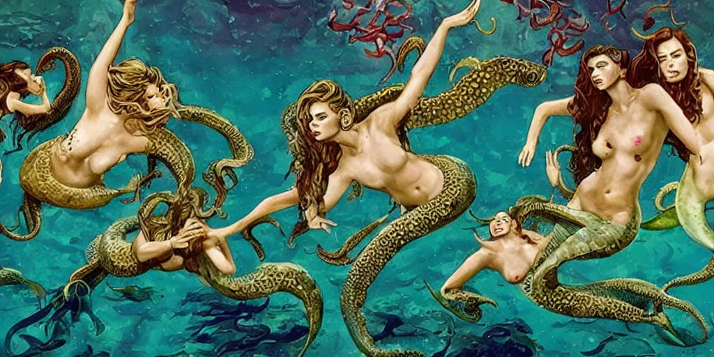 Image similar to divine group of mermaids throwing and hitting eachother with fishes and octopus, fight scene from action movie by tony scott