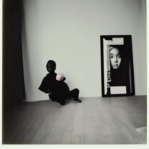 Image similar to a baby girl sitting in a living room designed by yohji yamamoto, polaroid
