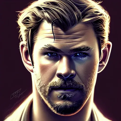 Prompt: portrait of Chris Hemsworth, elegant, intricate, headshot, highly detailed, digital painting, artstation, concept art, sharp focus, illustration, art by artgerm and greg rutkowski and alphonse mucha