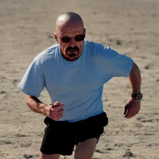 Image similar to Walter White running on the beach, artistic, 8k, cinematic