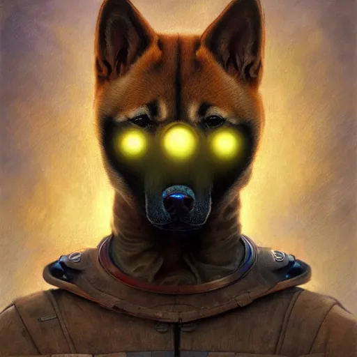 Image similar to realistic anthropomorphic shiba inu, in radiation suit armor, fantasy science fiction, glowing electric aura, by donato giancola and greg rutkowski and wayne barlow and zdzisław beksinski, realistic face, visible face, digital art, artstation, symmetry