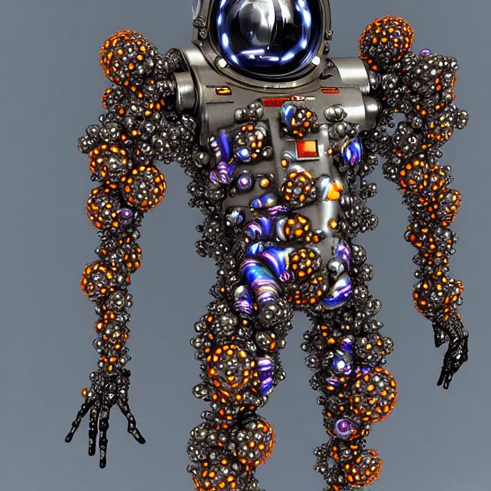 Image similar to a cybernetic symbiosis of a single astronaut mech-organic eva suit made of pearlescent wearing anodized thread knitted shiny ceramic multi colored yarn thread infected with kevlar,ferrofluid drips,carbon fiber,ceramic cracks,gaseous blob materials and diamond 3d fractal lace iridescent bubble 3d skin dotted covered with orb stalks of insectoid compound eye camera lenses orbs floats through the living room, film still from the movie directed by Denis Villeneuve with art direction by Salvador Dalí, wide lens,