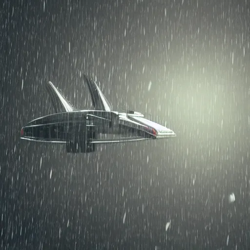 Prompt: sci fi spaceship flying under rain