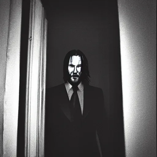 Prompt: grainy photo of john wick as a creepy monster in a closet, harsh flash