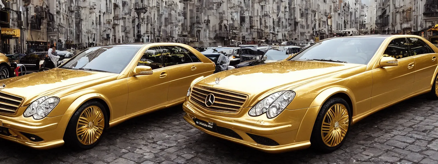 Image similar to photography a very luxurious, golden mercedes studded with diamonds, premium,