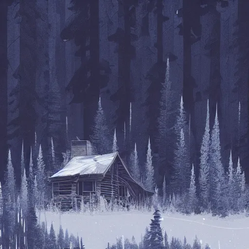 Prompt: lone cabin in the rocky mountains, by ismail inceoglu, eerie haunted cabin, in the woods, pine trees, full moon, illuminated by moonlight, detailed, digital illustration, brushstrokes, 4 k