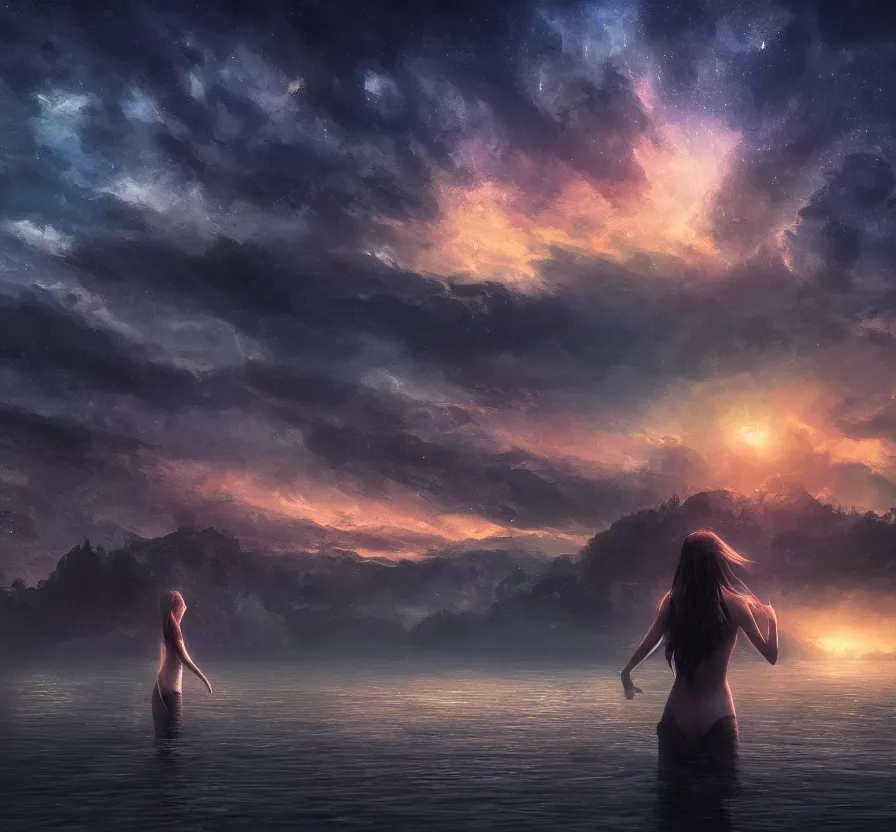 Prompt: girl in lake at night landscape with visible space sky, fantasy artwork, very beautiful scenery, hd, hdr, ue 5, ue 6, unreal engine 5, cinematic 4 k wallpaper, 8 k, ultra detailed, by popular digital artist,