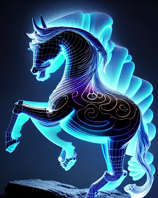 Prompt: 3 d ornate carved dark cosmic horse with profile portrait, sigma 5 0 0 mm f / 5. beautiful intricate highly detailed mongolian horse. bioluminescent, plasma, lava, ice, water, wind, creature, thunderstorm! artwork by tooth wu and wlop and beeple and greg rutkowski, 8 k trending on artstation