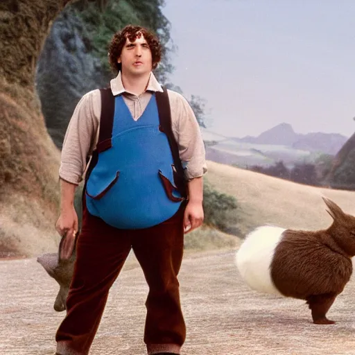 Image similar to frowning clean shaven pudgy British lad with short curly dark brown hair as a hobbit wearing a white men's crossbody sling chest bag and blue vest standing next to a giant rabbit, blue vest! white crossbody chestbag! high resolution film still, movie by Peter Jackson